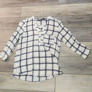 Zara Basic blue and cream sheer plaid long sleeve Button down shirt